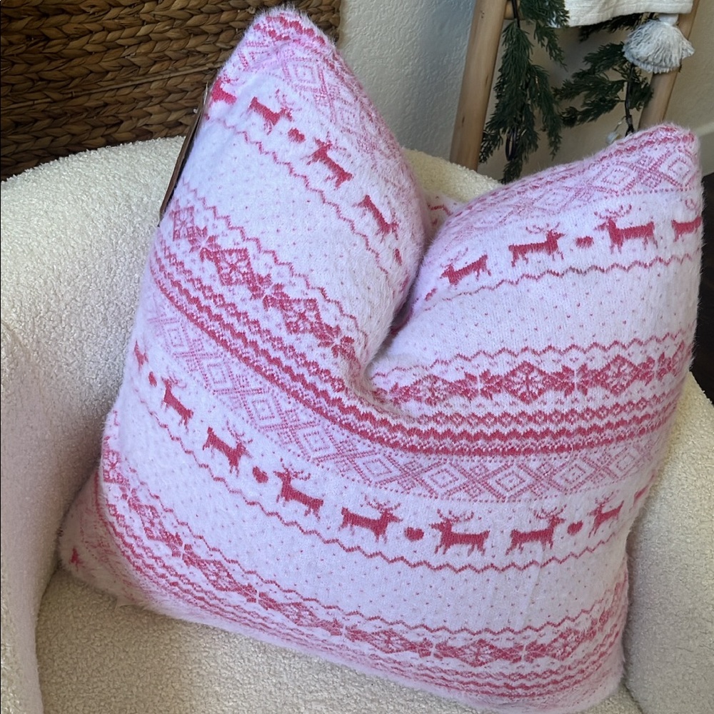 NWT pink reindeer Christmas pillow